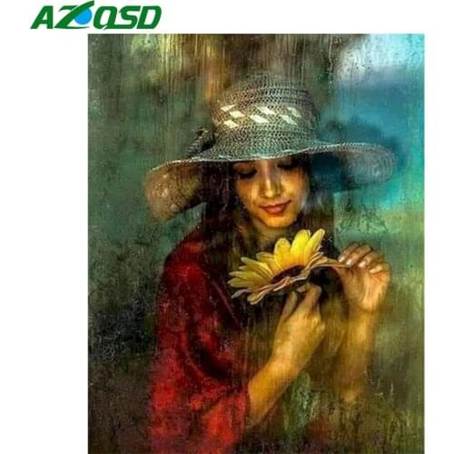 AZQSD Picture Oil Painting By Numbers Girl Sunflower Figure Modern Home Decor Painting By Numbers Handmade 60x75cm Diy Art