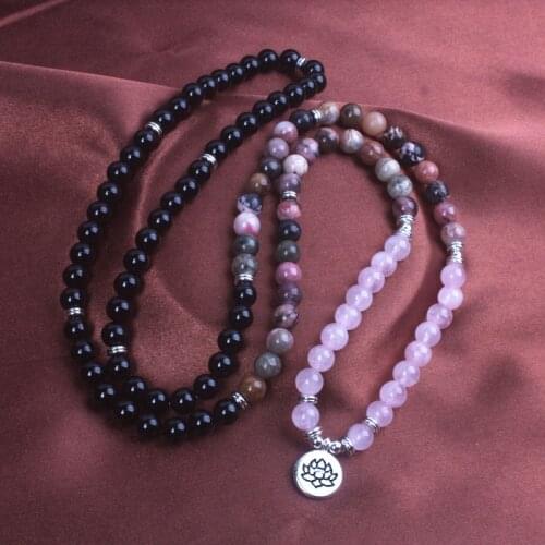 8mm Black Onyx Rhodonite Rose Quartzs Beaded Wrist Men Women Natural Stone Mala Necklace Life Tree Pendant Necklace