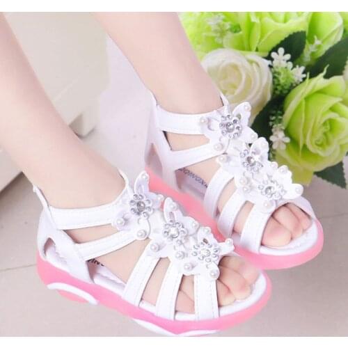 Princess Floral Sandals For Girls Little Big Kids Roman Sandals Children Gladiator Beach Sandals With Pearls Sweet Soft 21-36