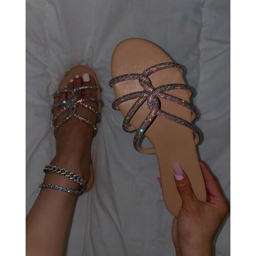 Summer New Style Rhinestone Sandals Fashion Open Toe Flat Womens Shoes Solid Color Outdoor Casual Slippers Plus Size 43