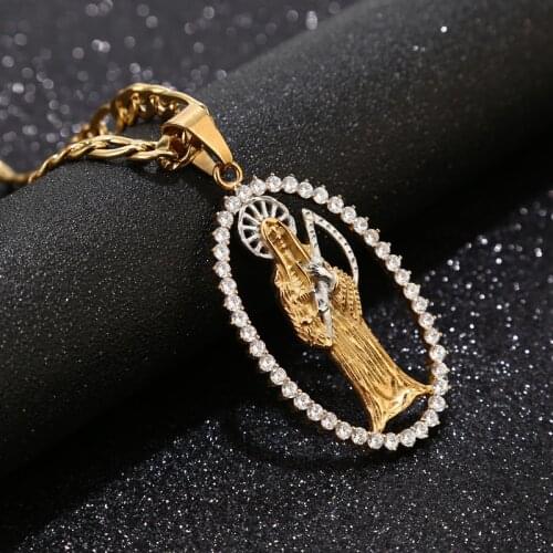 Silver/gold tone stainless steel Santa Muerte (Grim Reaper) Oval Medal Charm Pendant necklace with CZ stone