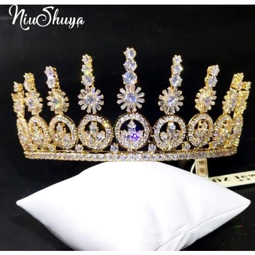 NiuShuya Gold Queen CZ Zircon Full Cubic Zirconia Wedding Bridal Tiaras and Crowns Pageant Birthday Prom Women Hair Accessories