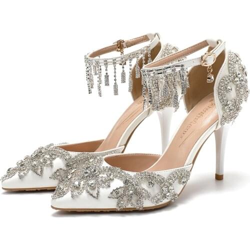 Womens Wedding Shoes Fashion Sandals Woman Thin Heel Tassel Crystal Party Dress Shoes Woman High Pumps Ivory Pearl