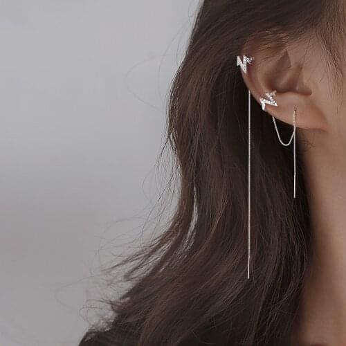 Women New Temperament Rhinestone Electrocardiogram Ear Clip Long Chain Earrings Korean Style Elegant Piercing Earring Jewelry