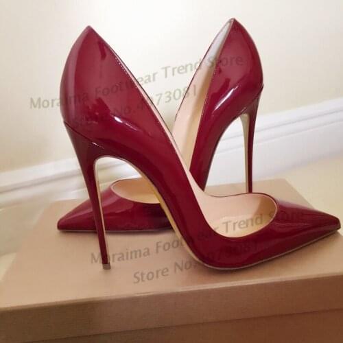 Moraima Snc Sexy Burgundy Patent Leather Shoes Thin High Heel Wine Red Pointy Toe Pumps Chic Wedding Shoes Woman 12cm/10cm