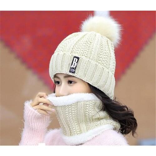 Winter Hat and Scarf Set Women Chunky Knit Skull Cap Snood Set Ladies Lurex Thickened Neck Warmer Fleece Cap with Pom Poms 2pcs
