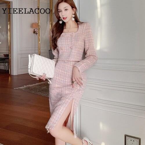 Pink tweed jacket + Skirt suit Woven Spring /Autumn womens jacket slit 2 piece Elegant Professional suit little fragrance