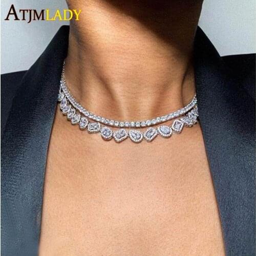 High quality geometric cz tear drop round rectangle cubic zirconia iced out bling cz cluster choker necklace for women wedding