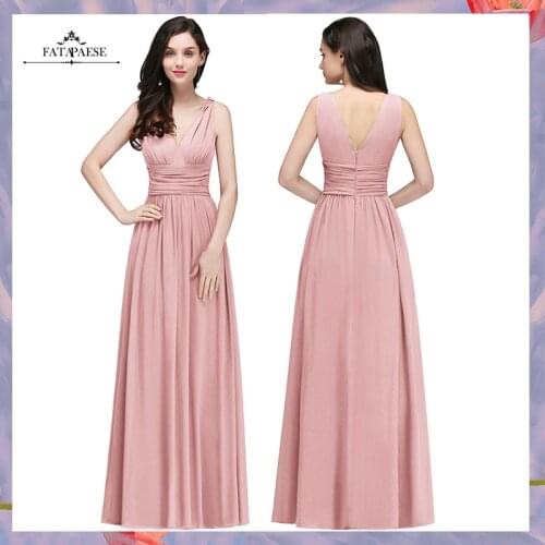 FATAPAESE Chiffon Bridesmaid Dresses Satin Elegant V-Neck Simple Wedding Party Dresses Sleeveless Evening Gown vestido de festa