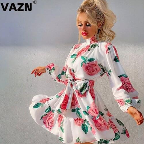 VAZN 2020 Autumn Hot Popular Fresh Clear Print Sweet Sexy Daily Young Turtleneck Full Sleeve Women High Waist A-line Mini Dress