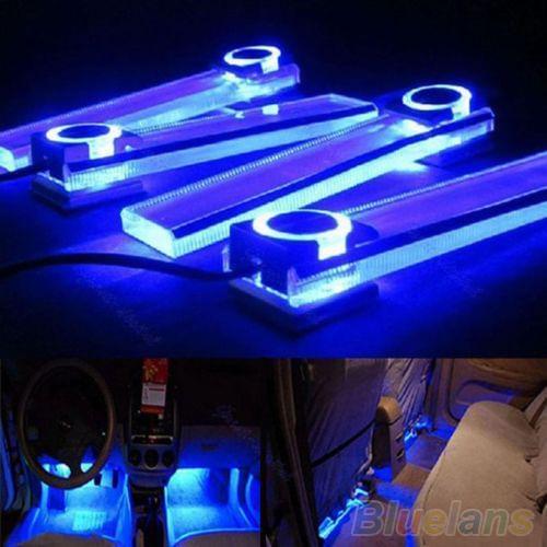 4 In 1 12V Blue Car Atmospheres Lamp Charge LED Interior Floor Decoration Lights