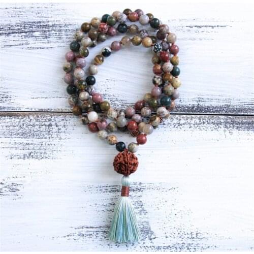 8mm Natural Ocean Jasper Rudraksha 108 Beads Tassel Necklace Mala Lucky Chakra Religious Buddhism Yoga Unisex