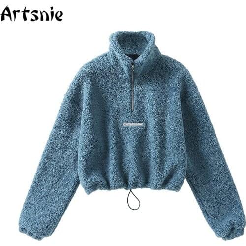 Artsnie Fleece Turtleneck Sweatshirt Women Winter 2020 Letter Embroidery Long Sleeve Hoodies Streetwear Warm Teddy Sweatshirts