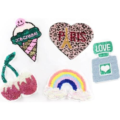 Sequins Ice Cream Rainbow Cherry Heart Sewing Ironing on Patch Clothing Decor Girls DIY Accessories