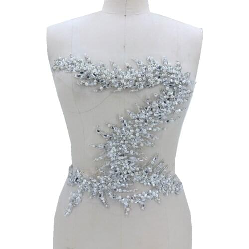 Pure hand made silver white sew on Rhinestones applique on mesh crystals patches trimming 36*34cm for wedding dress accessory