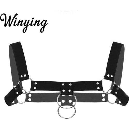 Mens Elastic Wide Shoulder Chest Muscle Harness Belt Metal O-rings Rivets Straps Crop Tops Nightclub Party Rave Costume Bondage