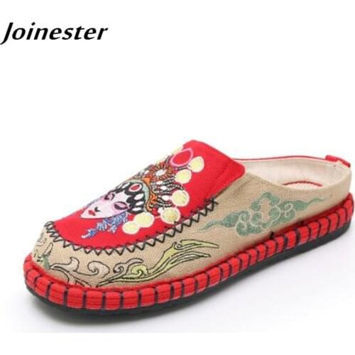 Ethnic Women Slippers Embroider Flat Slides Ladies Cotton Fabric Espadrilles Summer Casual Mules Woman Sandals Outdoor Slipper