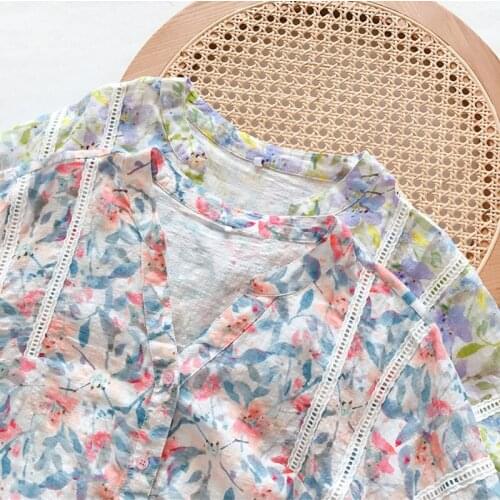 Cotton Linen 100% Floral Lightweight Women Shirts Vintage Loose Half Sleeved Floral Elegant Female Clothing Top Quality