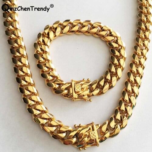 14MM Men Cuban Miami Link Chain Necklace Bracelets 316L Stainless steel Dargon Clasp Gold Tone Hip hop Heavy Chain Jewelry Set