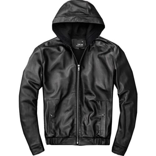 Mens Hooded Leather Jacket Black Coat Hoodie Spring Clothes Hat Leather Jacket