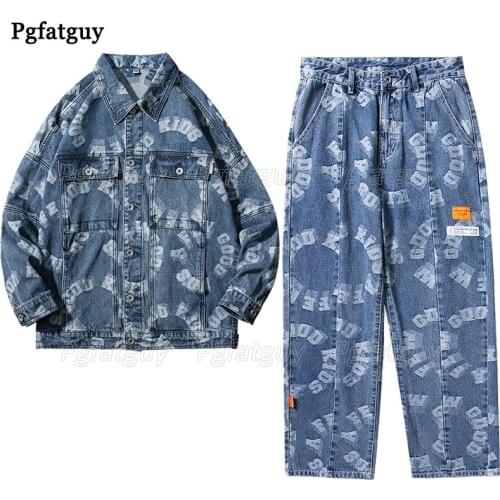 Mens Letter Printed Jeans Set New Loose Long Sleeve Denim Jacket and Hip Hop Jeans Two Piece Men Sets Male Street Outerwear