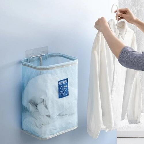 Wall Mounted Laundry Basket With Hook Breathable Mesh Foldable Dirty Clothes Basket Bathroom Storage Baskets Laundry Organizer