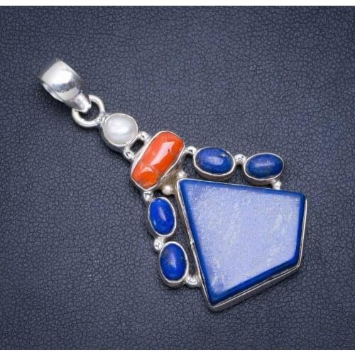 Natural Lapis Lazuli,Red Coral and River Pearl Handmade Unique 925 Sterling Silver Pendant 2" A0176