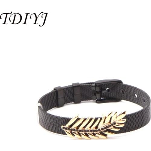 TDIYJ Newest Plam Leaf Keepering Stainless Steel Mesh Keeper Golden Black Zircon Charms Bracelet 1Set