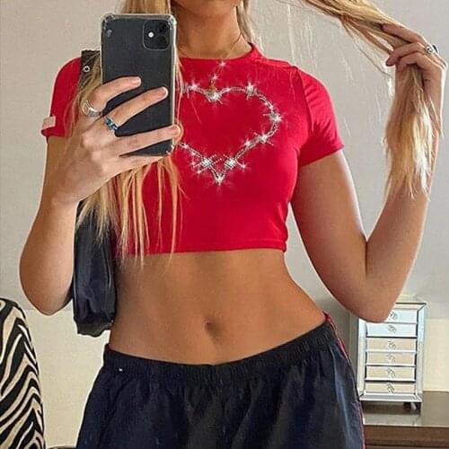 Women Sexy Heart Diamond Rhinestone Bling Printed Short Sleeves Y2k Cropped Tops 2021 Summer Casual Fashion T-shirt Dropshipping