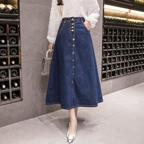Spring Autumn Women Long Denim Skirt Vintage Single-breasted High Waist A-Line Jeans Skirts Teen Girls Preppy Style Swing Skirt