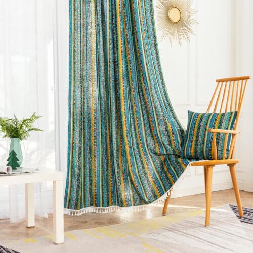 Boho Tassel Geometric Curtains With Tassel Japanese Style Green/Yellow Bohemian Parlor Linen Partition Sliding Door Drapes Panel