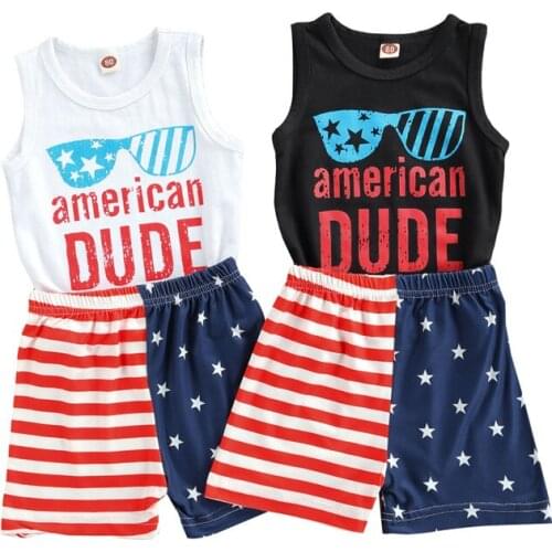 Stylih Little Boy Vest and Shorts Suit Independence Day Letter Printed Sleeveless Tops and Flag Short Pants 6Months-3Years