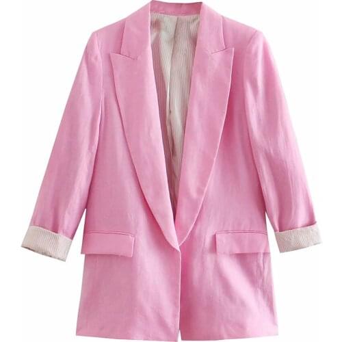 Xikom 2021 Women Elegant Flax Solid Streetwear Fashion Suit Female Vintage Office Lady No Buckle Mid Blazer Coat Casual Tops