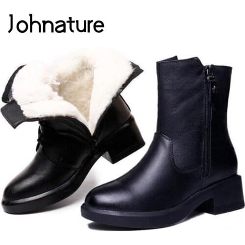 Johnature Winter Thick Women Boots Wool Ankle Women Shoes Round Toe Genuine Leather 2020 New Zip Handmade Concise Platform Boots
