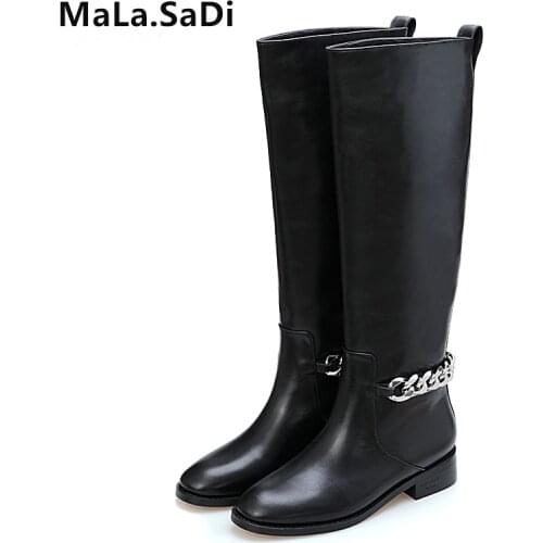 Newest Real Leather Black Motorcycle Boots Woman Round Toe Silver Chain Knee High Boots Women Fashion Shoes zapatos mujer 35-41