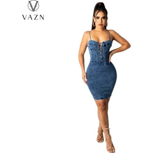 VAZN 2021 INS Cross Bandage Denim Mini Dress High-end Plus Size Solid Joker Spaghetti Strap Sleeveless Vestidos For Female