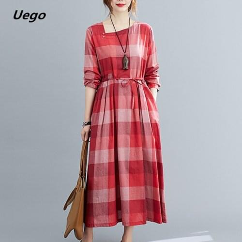 2021 Long Sleeve Print Plaid Fashion Women Autumn Dress Drawstring Korea Design Prairie Chic Spring Dress Office Lady Work Dress