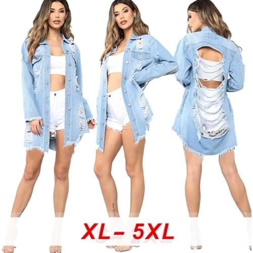 Woman Ripped Denim,2020 Autumn Plus Size Women Clothing Tops, Washed Fringe Tassel Denim Long Coat Women Windbreaker Coat
