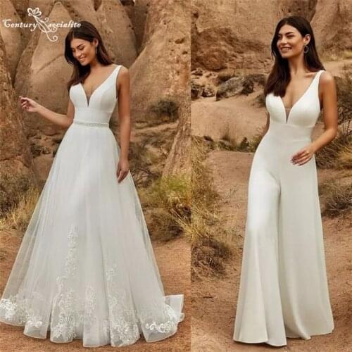 Boho Wedding Dresses with Overskirt Lace Appliques Beaded Bohemian Bride Reception Jumpsuit Women Pant Suits Vestido De Noiva