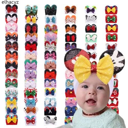 10pcs/lot Trendy 5'' Glitter Hair Bows Cartoon Mouse Ears Headband Kids Girls Sequin Headwear Elastic Baby DIY Hair Accessory