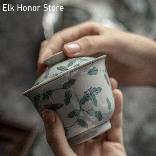 130ML Blue And White Ceramic Plant Ash Glaze Handmade Tureen Ceramic Kung Fu Tea Set Inseparable Root Bowl Gaiwan Tea Gift