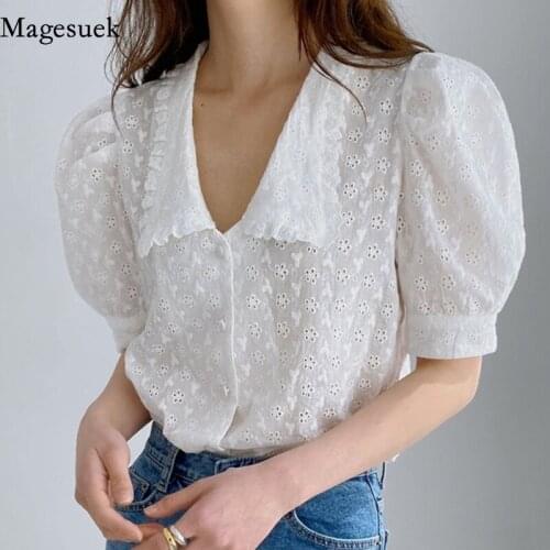 2021 New Short Sleeve Loose Womens Tops Summer Doll Collar Solid Casual Shirt Sweet Hollow Flower Lace Blouse Puff Sleeve 13919