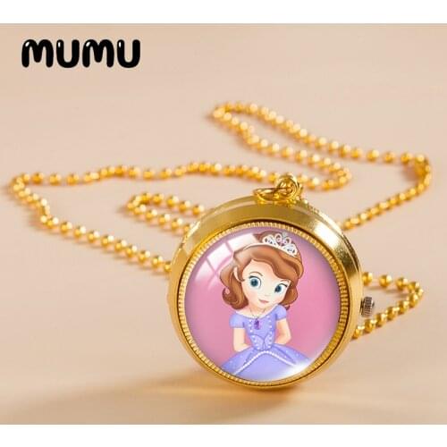 2021 New Sofia the First Pocket Watch Necklace Princess Gold Color Vintage Watch Glass Dome Pendant Jewelry Gifts