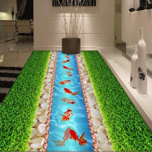 Free Shipping Custom Green grass pebble goldfish 3D stereo floor mural Shopping mall corridor kitchen flooring wallpaper