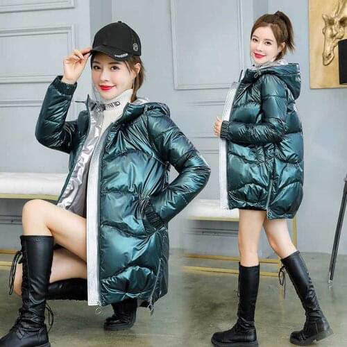 Shiny Cotton Coat Women 2020 New Fashion Winter Down Parka Jacket Womens Mid-length Loose Hooded Padded Jacket Female Clothing