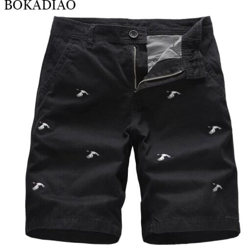 BOKADIAO Summer Mens Cotton Cargo Shorts fashion embroidered Bermuda Beach Shorts vintage casual wild Straight Short Pants male