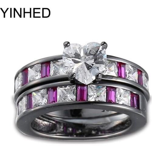 YINHED Brand Black Gold Filled Ring Set Heart Cubic Zirconia CZ Wedding Rings for Women Engagement Ring Jewelry Gift ZR266