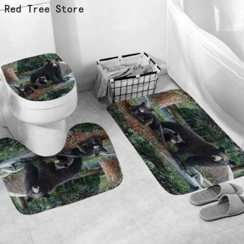 Black Bears Printed 3pcs/Set Toilet Seat Lid Cover Bathroom Indoor Non-Slip Fleece Entrance Floor Mat Bath Kitchen Decor Textile