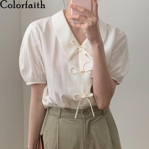 Colorfaith New 2021 Women Summer Blouses Shirts Buttons Lace Up Vintage Korean Style Minimalist Fashionable Lady Wild Top BL2068
