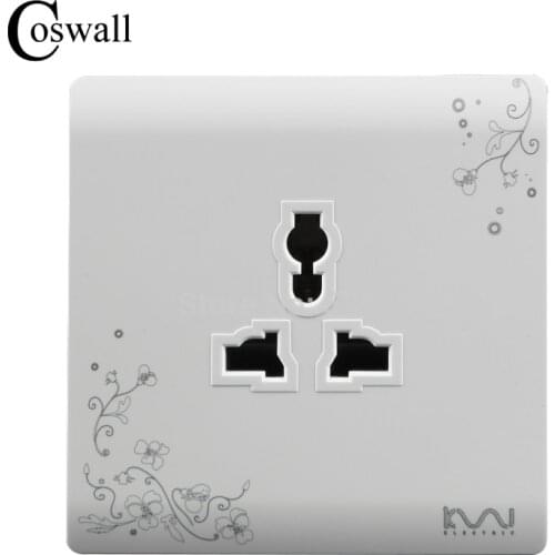 COSWALL Fashion Universal 3 Hole Wall Electrical Socket Power Outlet Brief White Art Flower Pattern Wall Panel AC 110~250V